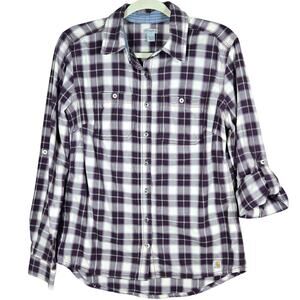Carhartt Dodson Shirt Women Small 4/6 Button Front Plum Purple Plaid Lightweight